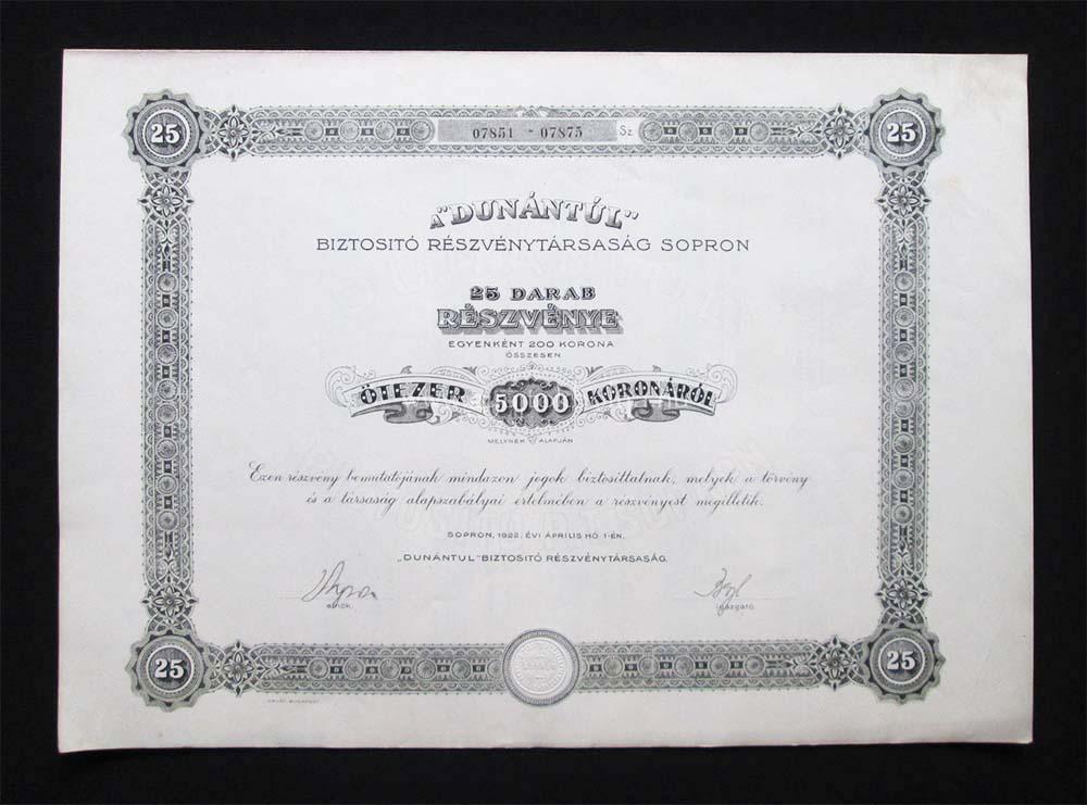 Dunántúl Biztosító részvény 5000 korona 1922 Sopron